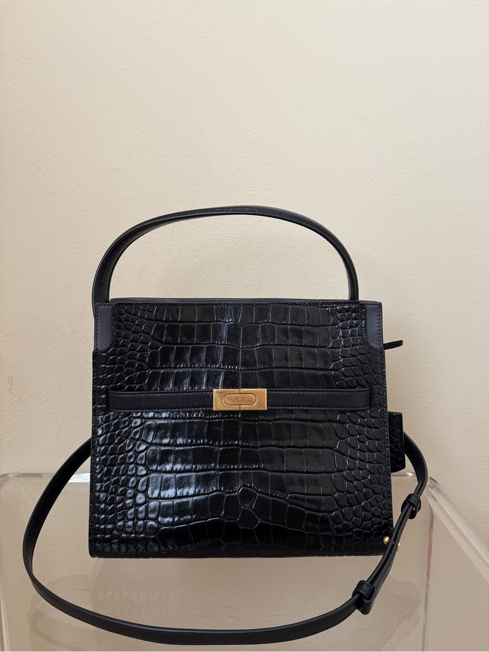 Tory Burch Lee Radziwill Small Croc Embossed Leather Double Bag Crocodile Black
